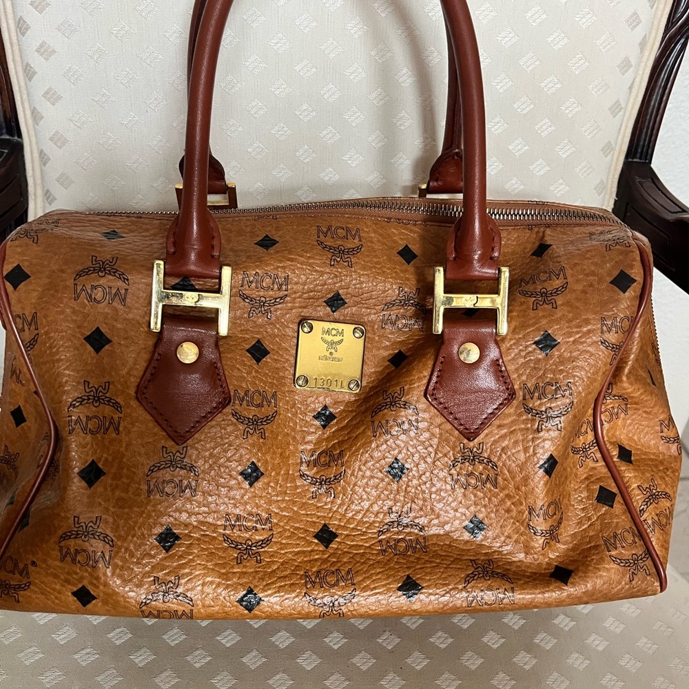 AUTHENTIC MCM Cognac Leather Boston Handbag, Gold Hardware